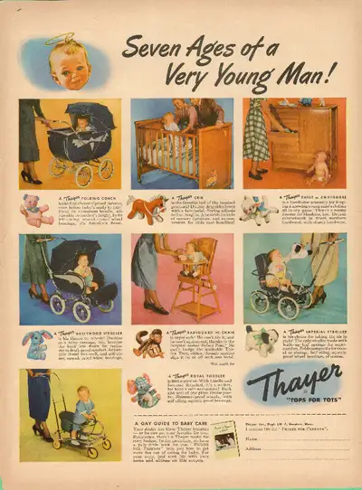 Large (10 ½ x 14) 1949 magazine ad for Thayer Baby Furniture, View more