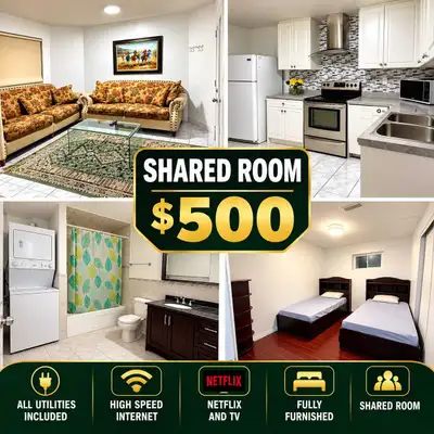 Available Nov 1st. Everytning included. Shared room for 500. Msg me to come see it 416++985++3779 Ra...