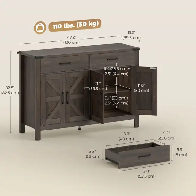 Sideboard Buffet Cabinet, Farmhouse Kitchen Storage Cabinet  in Hutches & Display Cabinets in Markham / York Region - Image 5