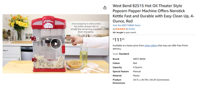 Enjoy fresh, movie-theater-style popcorn at home with this West Bend popcorn machine. It features a...