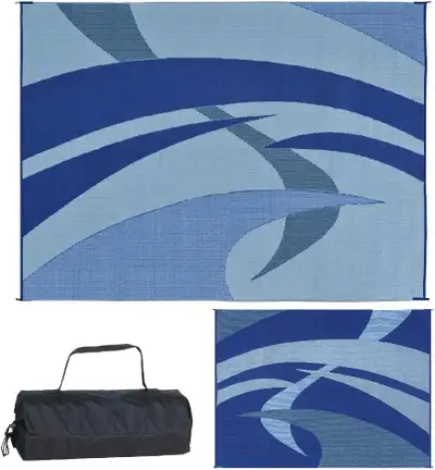 Réversible – Tapis de camping pour terrasse ou véhicule récréatif – Tourbillons (bleu/noir/gris, 2,7...