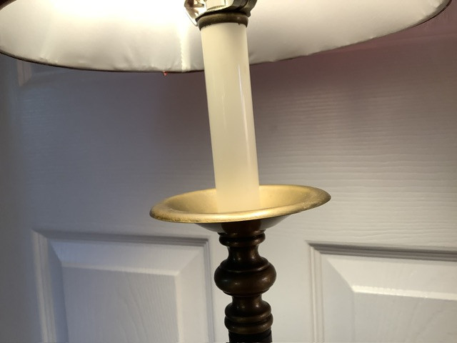 Tall Antique Copper Candle Stick Lamp w Silk Lamp Shade in Indoor Lighting & Fans in Belleville - Image 2