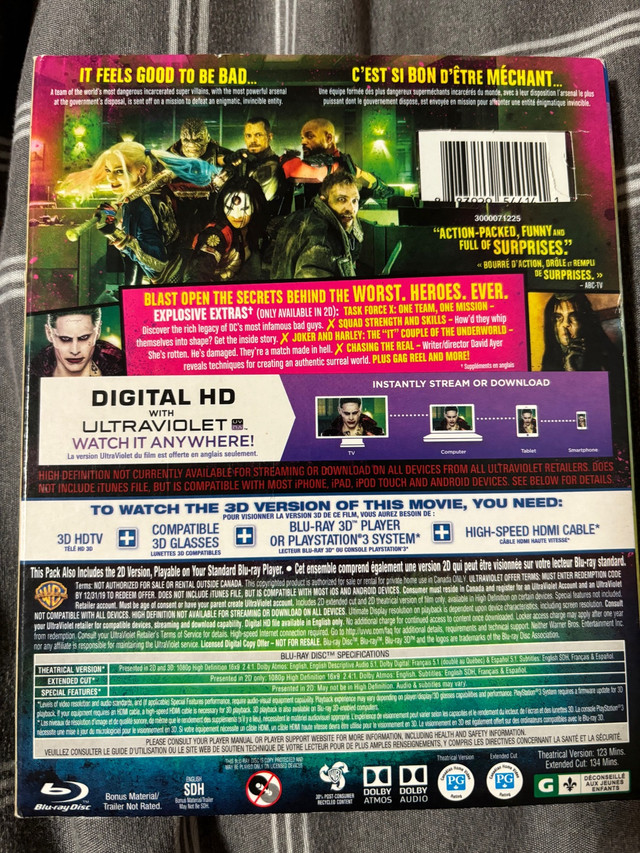 Suicide Squad (2016) Blu-Ray + Blu-ray 3D w/slipcover in CDs, DVDs & Blu-ray in Mississauga / Peel Region - Image 2