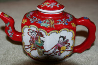 CHINESE TEA POT Traditional Red Glaze Hand Painted 4x7 inches