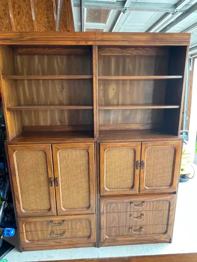 Vintage Oak & Cane Bedroom Wardrobe / Armoire Combo (2-Piece), View more