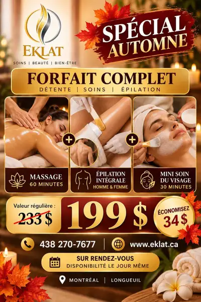 SPÉCIAUX D’AUTOMNE EKLAT – MASSAGE • SOINS VISAGE • ÉPILATION, View more