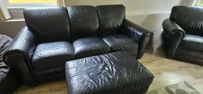 Genuine black leather couch, chair and ottoman set, View more