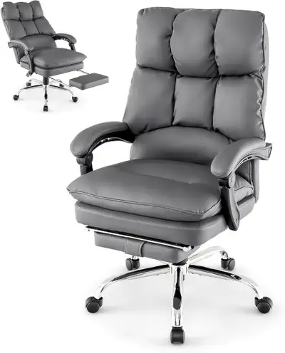 Upgrade your workspace with this executive PU leather desk chair in stylish gray. Features adjustabl...