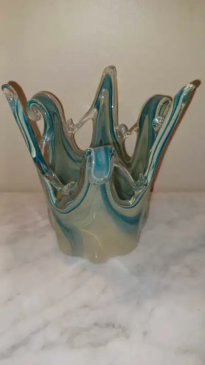 7"T Murano Lavorazione Arte Vase Green & Blue Free Form Top, View more