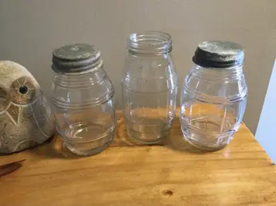 3 Vintage Barrel Shaped Mason Jars - all for $15, View more