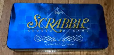 Scrabble Collectors Edition Board Game Blue Tiles Metal Racks, View more