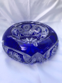 Bohemian Cobalt Blue  Crystal Ashtray, Vintage Faceted Cryst