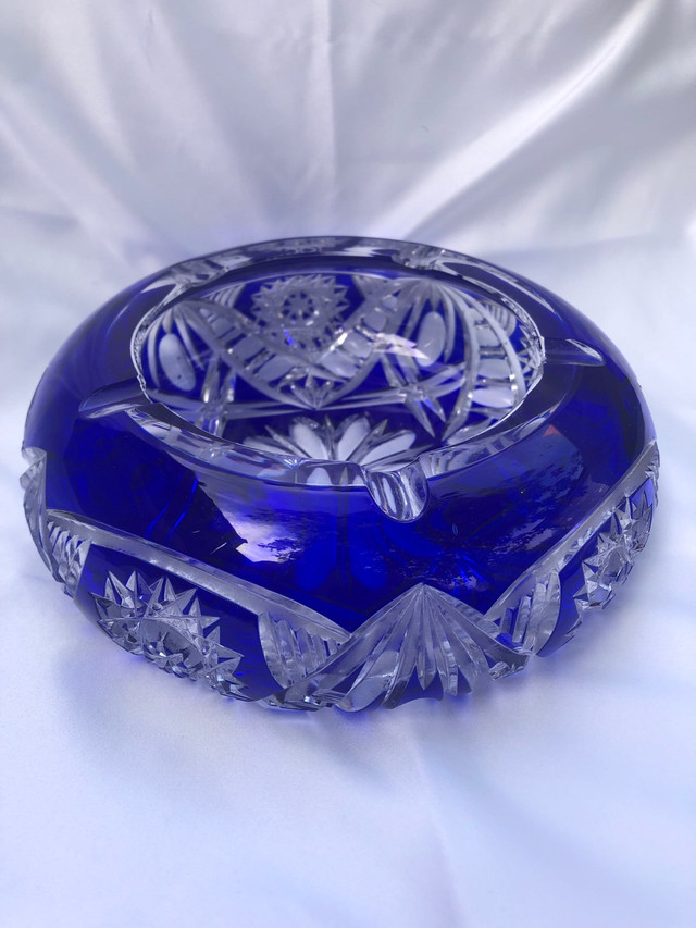 Bohemian Cobalt Blue  Crystal Ashtray, Vintage Faceted Cryst in Arts & Collectibles in City of Toronto