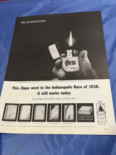 1963 Zippo Lighter Indianapolis Race 1938 Original Ad Size: 10-1/4" X 13-1/2"