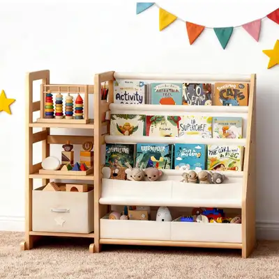 Brand new in the box. Kids three tier easy access bookshelf. With additional toy storage as well. Pi...