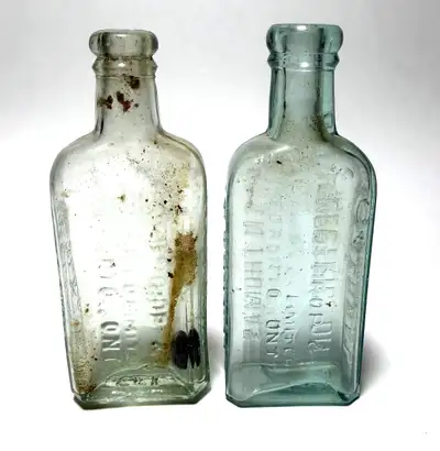 Pair of antique / vintage embossed glass bottles for Dr. S.N.T. Thomas’ Eclectric Oil, an old patent...
