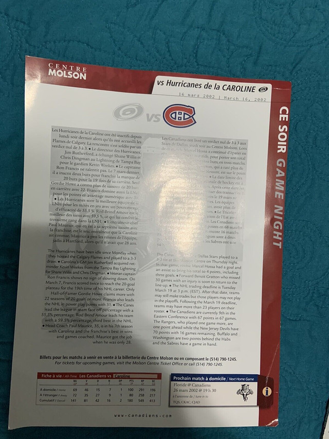 Montreal Canadians Program 16March2002  in Arts & Collectibles in City of Toronto - Image 2