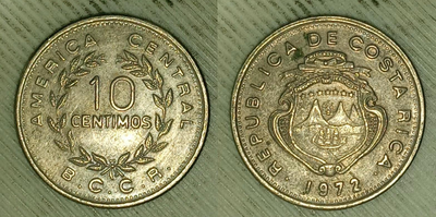 Pays : Costa Rica Valeur faciale : 10 Centimos Année : 1972 Atelier : BCCR (Banco Central de Costa R...