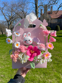  Handmade Crochet Flower Basket Pink Bunny