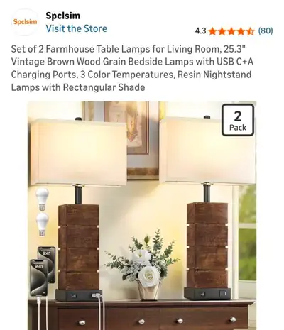 Farmhouse Table Lamps for Living Room, 25.3" Vintage Brown Wood, View more