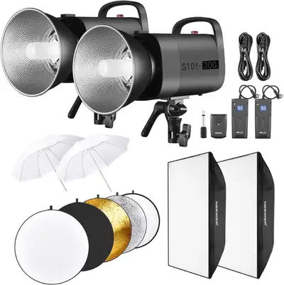 NEW-- AIrdrie NEEWER 600W Photography Studio Strobe Flash Kit: 2xUpgraded S101-300W 5600K Monoligh -...