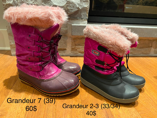 Bottes d’hiver Olang roses/grise2-3 (33-34), bottes sorel 7 (39) dans Enfants et jeunesse  à Laval/Rive Nord