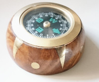 Vintage 3″ Polished Solid Brass Compass in Round Wood