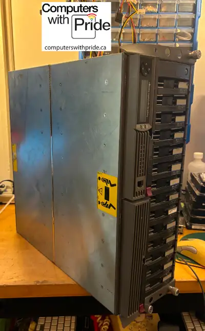 The server is in good condition with some signs of wear mostly the bent upper left while facing it....