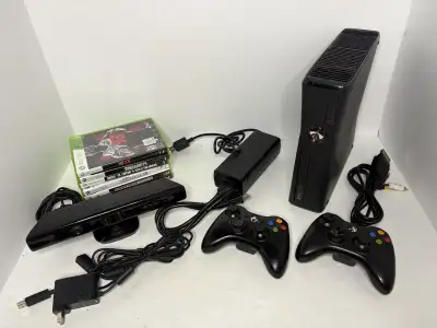 Xbox 360 Console with 250gb hard drive a/v cable, power adapter, 2 Controllers, Kinect & 6 Games. Si...