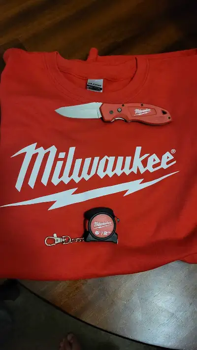 Milwaukee tshirt, fastback knife and tape , View more