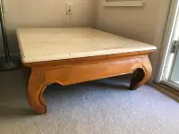 MARBLE AND TEAK COFFEE TABLE