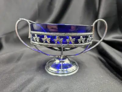Vintage Steel and Cobalt Blue Glass Open Sugar Bowl with Spoon, View more