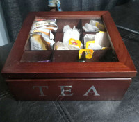 Vintage Grandma's  Dark Wood Wooden Tea Box and Tea Set.