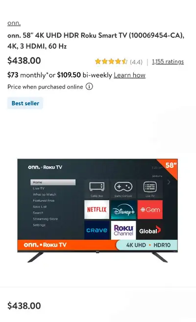 New 58" onn 4K ROKU SMART TV - PRICING IN AD, View more
