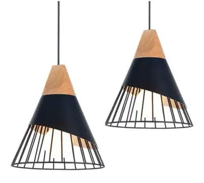 Set of 2 Modern Black Industrial Wood Pendant Light, View more