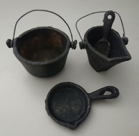 Antique Dollhouse Miniature Cast Iron Frying Pan, Pot & Coal