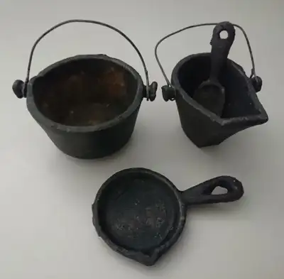 Antique Dollhouse Miniature Cast Iron Frying Pan, Pot & Coal, View more