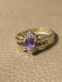 10K YELLOW GOLD PEAR SHAPE AMETHYST AND DIAMOND RING