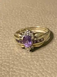 10K YELLOW GOLD PEAR SHAPE AMETHYST AND DIAMOND RING