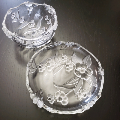 Frosted and clear glass flower pattern dish and bowl set. I think they may be vintage Mikasa, but no...