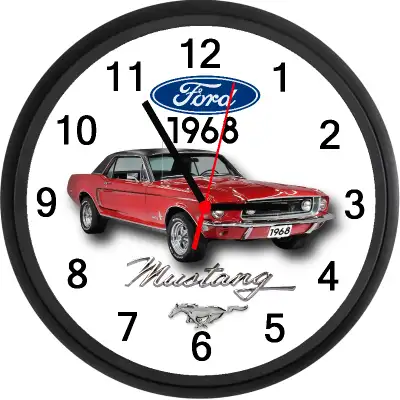 Brand new 10" custom designed wall clock featuring the 1968 Ford Mustang. Clock takes one "AA" batte...