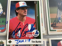 Tim Burke signed card fron the  Montreal expos pitcher