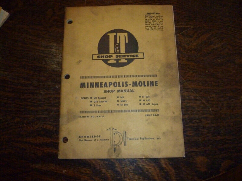 Minneapolis Moline UB Special, UTS  Tractor IT Shop Manual MM-16 for sale  