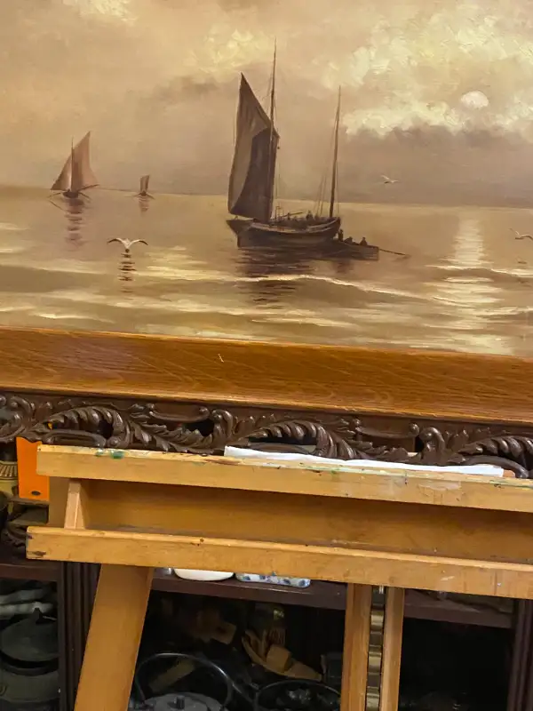 ANTIQUE WOOD OPENWORK FRAME DANISH OIL ON CANVAS PAINTING SEA. in Arts & Collectibles in Vancouver - Image 3