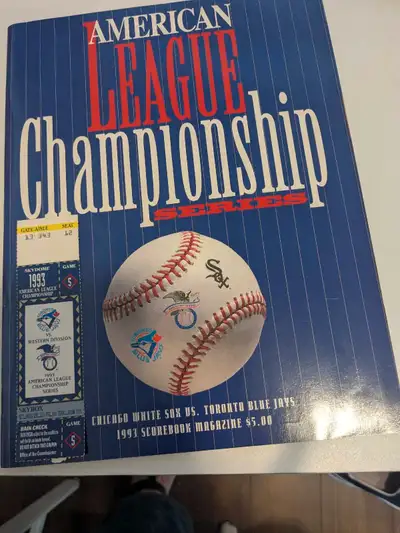Relive baseball history with this 1993 American League Championship Series scorebook magazine, featu...