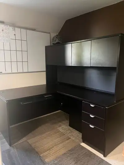 Spacious L-shaped desk with overhead hutch, 3 drawers (bottom one for filing) Perfect for a home off...