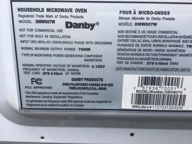 "Danby" White  Top Counter Microwave -700W, 0.6 cu.ft in Other in Oakville / Halton Region - Image 4