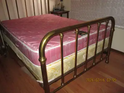 Comes with box spring and mattress. Has all parts head and footboard and braces to attach. Have used...