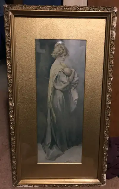 For sale an antique framed lithograph art print titled "Young Mother" by artist Maud Stumm (1870-193...