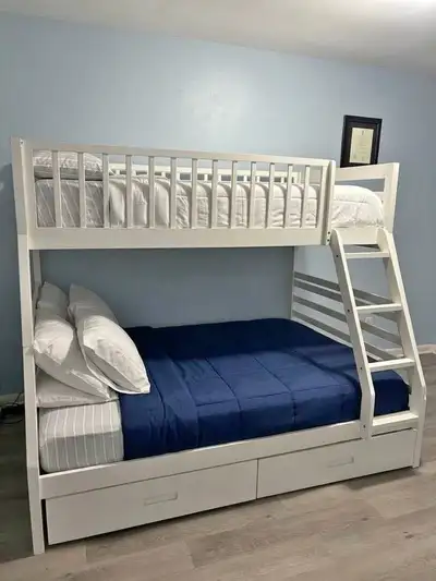White Twin-over-Full Bunk Bed with Storage Drawers, View more